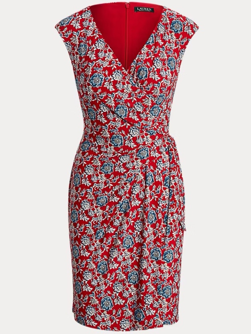 Lauren Ralph Lauren Red Blue Floral Wrap Sheath Dress Ruched Stretch Midi 12